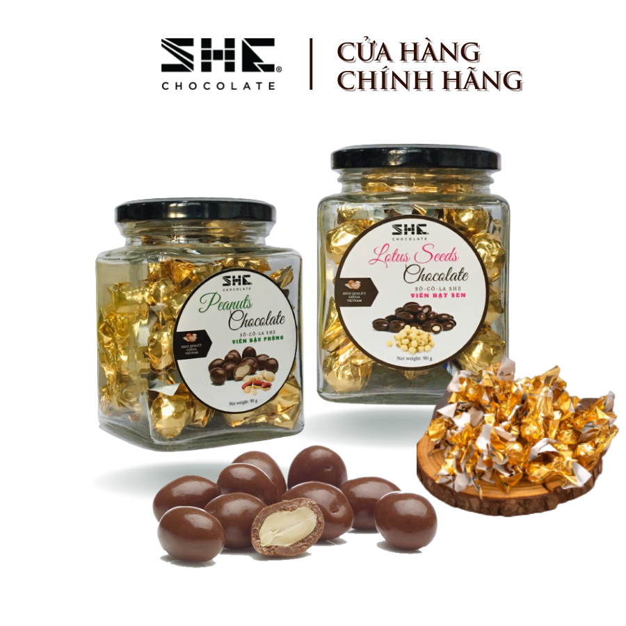 Combo 2 hũ Socola viên Đậu Phộng, Hạt sen 90g - vị Socola Đậu phộng, Hạt sen - SHE Chocolate - Socola viên - Sự kết hợp giữa đậu phộng, hạt sen cùng Socola đen tạo nên hương vị thơm ngon.Thích hợp ăn vặt và quà tặng đặc biệt