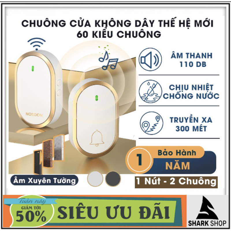 Chuông cửa không dây thông minh xuyên tường,chuông cửa không dây không cần pin, chuông báo khách báo động thông minh chống nước xuyên tường với 60 loại nhạc chuông,truyền âm thanh lớn lên tới 110 db,tín hiệu nhạy,không bị nhiễu