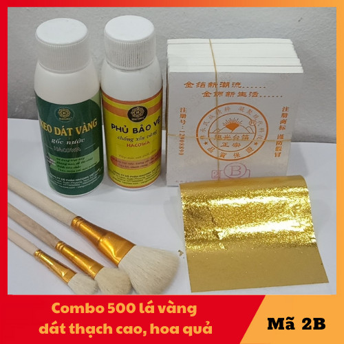 Combo dát vàng 2b gốc nước gồm 500 lá vàng 2b, 100ml keo gốc nước, 100ml phủ gốc nước, 3 chổi lông thỏ s1-5-7 chuyên dùng cho dát vàng trên sản phẩm như thạch cao, xi măng, giấy, tranh vẽ, hoa quả ...