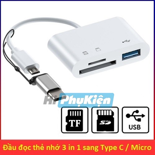 Đầu đọc thẻ nhớ 3 in 1 to otg cổng type c / cổng micro