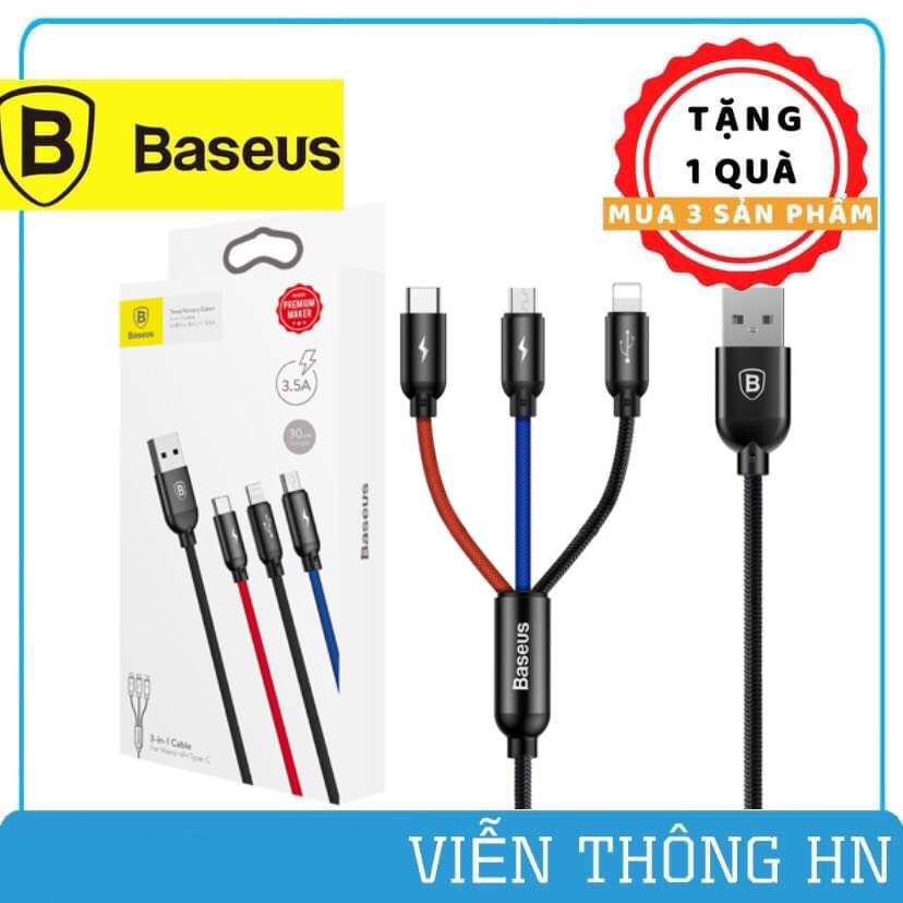 Dây sạc nhanh 3 đầu baseus 3a  - cáp sạc 3 in 1 lightning type c micro usb cho samsung iphone oppo ...