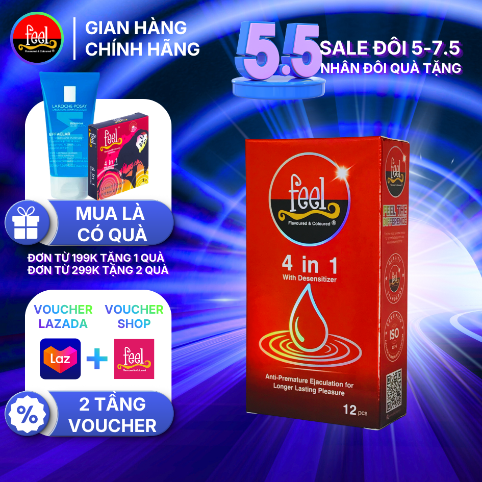 Bao cao su Feel 4in1 hộp 12 bao - Bao cao su kéo dài thời gian quan hệ