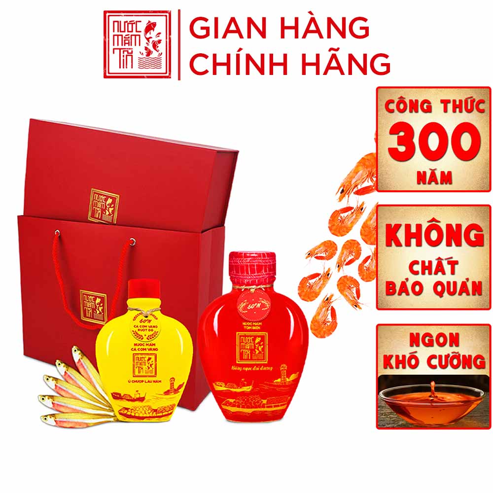 Combo 2 giỏ quà đậm đà tình thân nước mắm tôm biển bình gốm đỏ 60N và cá cơm vàng ruột đỏ bình gốm vàng 60N