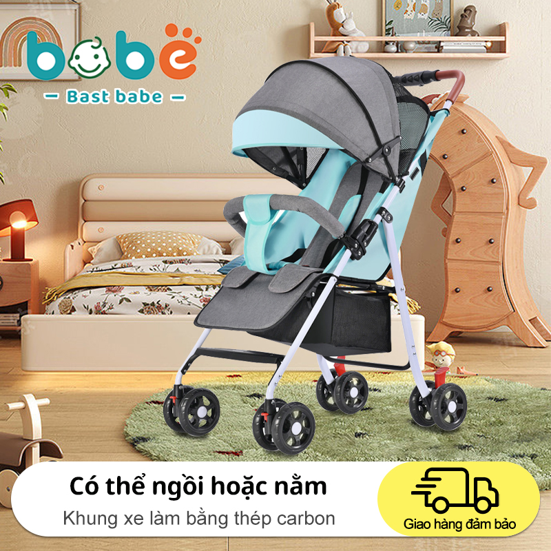 Xe đẩy gấp gọn có thể ngồi và nằm Mái chụp che nắng được làm rộng có thể tháo rời Thanh bảo vệ to dày có thể tháo rời-Bảo hành tháng 12