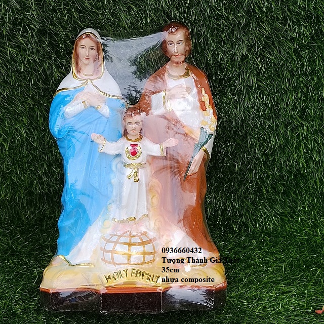 Tượng Công giáo Thánh Gia Thất ( Gia Đình Thánh Gia) 32cm màu xanh trắng nâu chất liệu composite trang trí bàn thờ công giáo