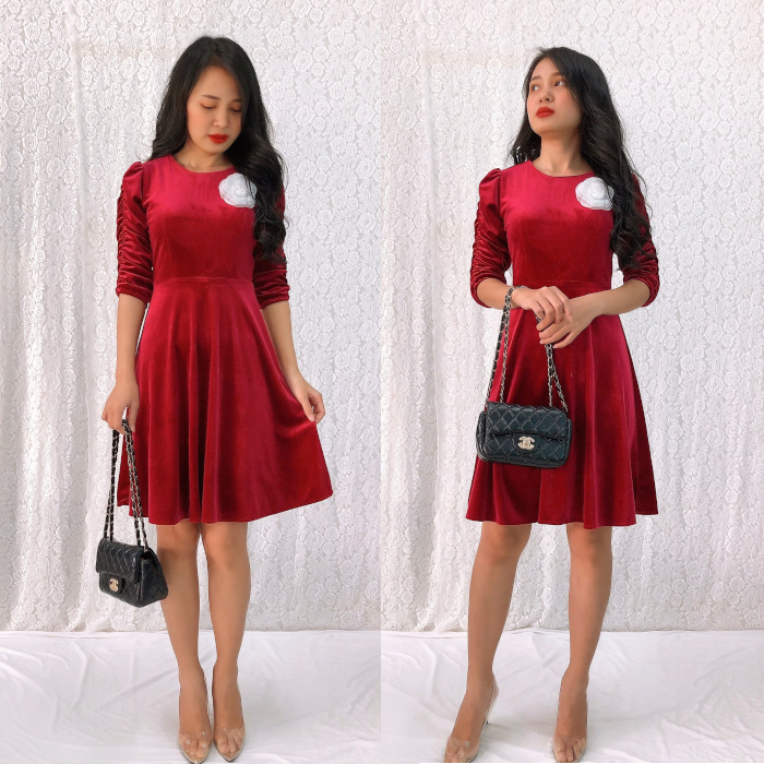 Đầm xòe nhung tay nhún cổ tròn đinh hoa hồng sang trọng Misa Fashion MS0153