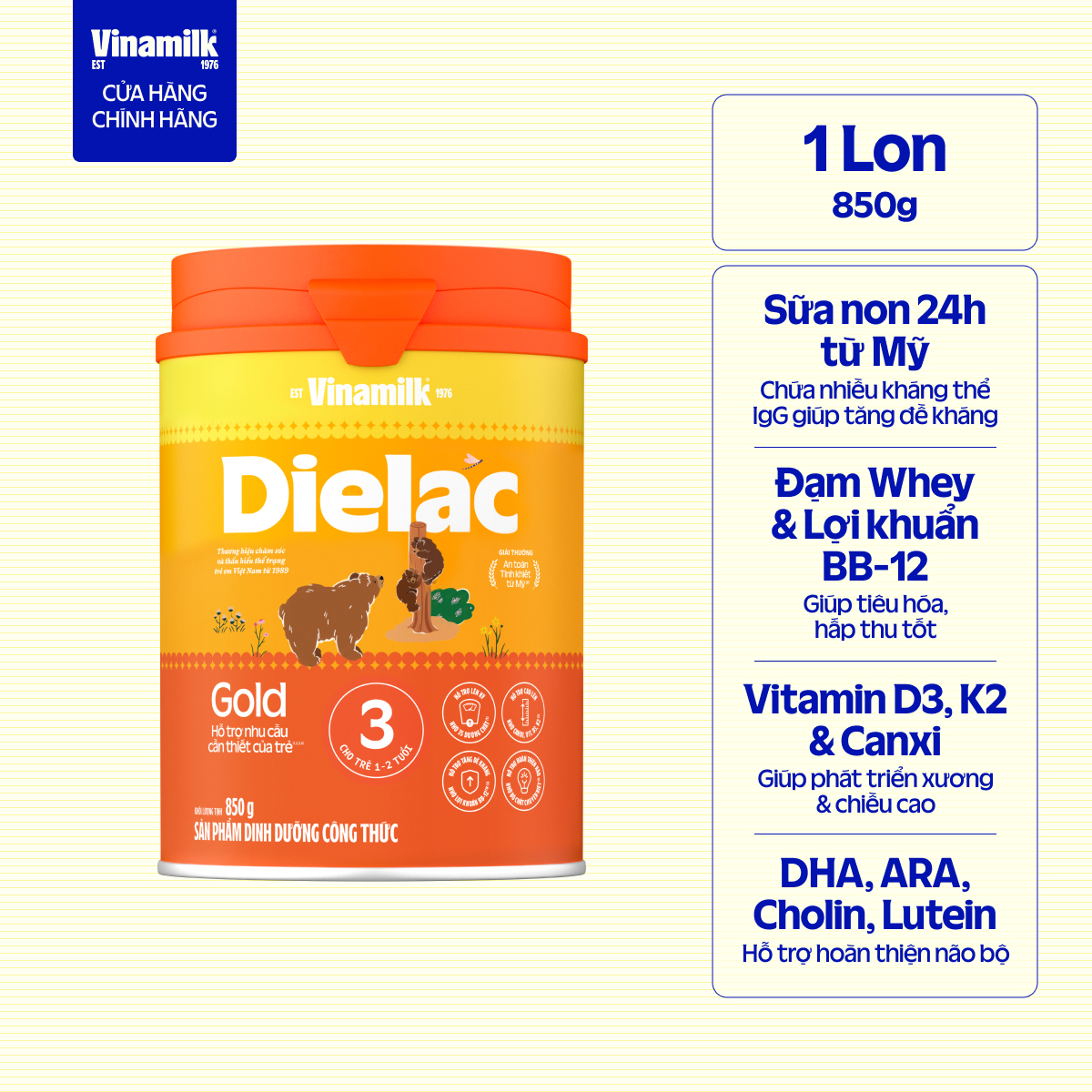 Sữa bột Vinamilk Dielac Gold 3 - Hộp thiếc 850g - Sữa công thức hỗ trợ phát triển trí não của bé, tăng cân, chiều cao