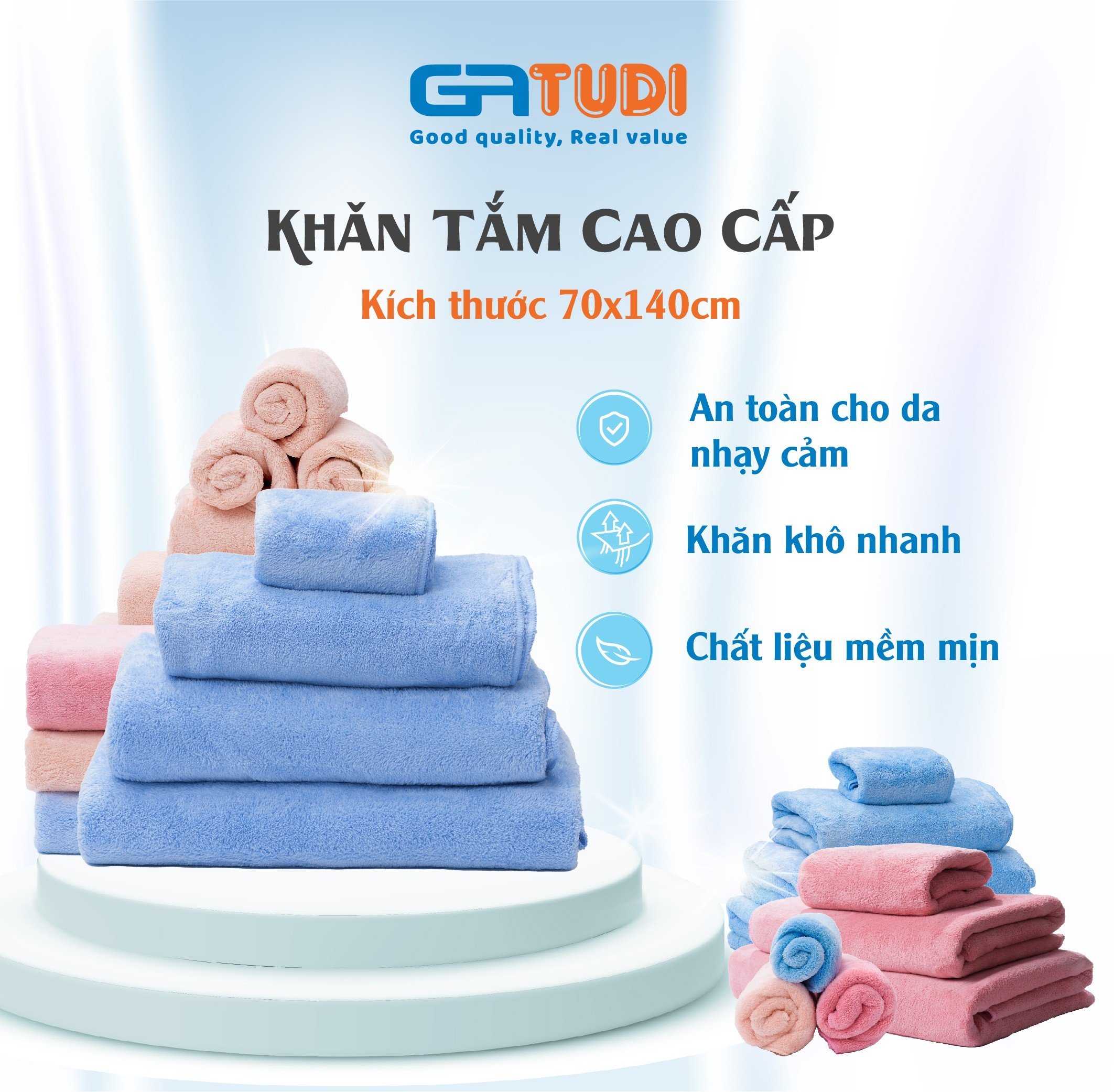 Khăn tắm, gội cao cấp gatudi 70x140cm - siêu mệm mịn, siêu thấm hút cho gia đình, spa, khách sạn