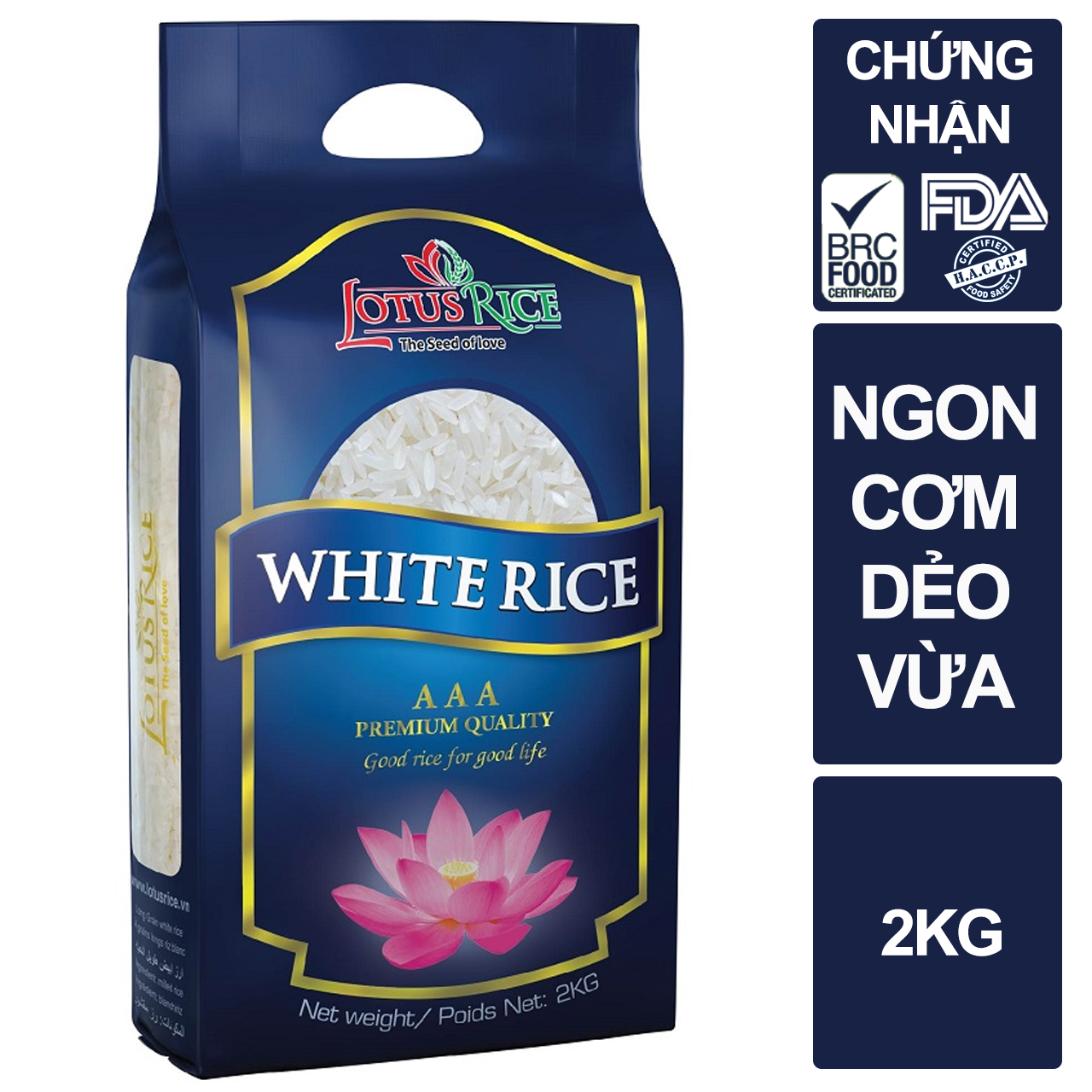 Gạo Ngọc Sen cơm ngon dẻo nhẹ Lotus  Rice 2kg - Gạo ngon chuẩn xuất khẩu - Đạt nhiều chứng nhận an toàn thực phẩm