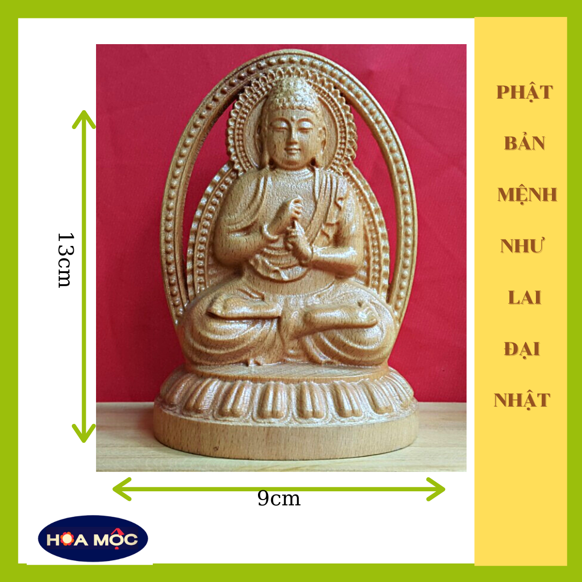 Tượng Phật bản mệnh Như lai Đại nhật để xe ô tô (tuổi Mùi-Thân) điêu khắc gỗ{Hoa Mộc} tượng để ô tô, kt 13x9cm