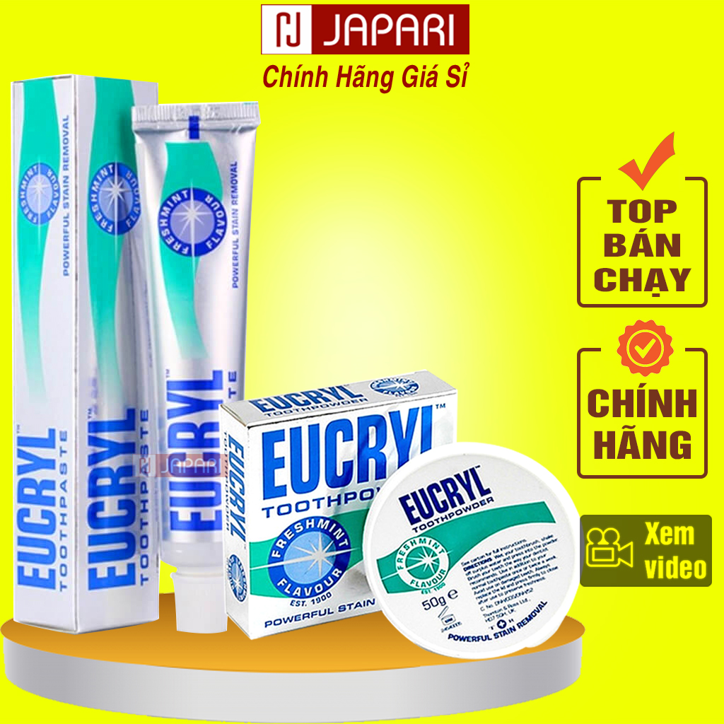 Combo kem đánh trắng răng eucryl + bột tẩy trắng răng eucryl - kem đánh răng bạc hà thơm miệng eucryl 50ml chính hãng cho răng trắng sáng, hơi thở thơm mát hương bạc hà japari