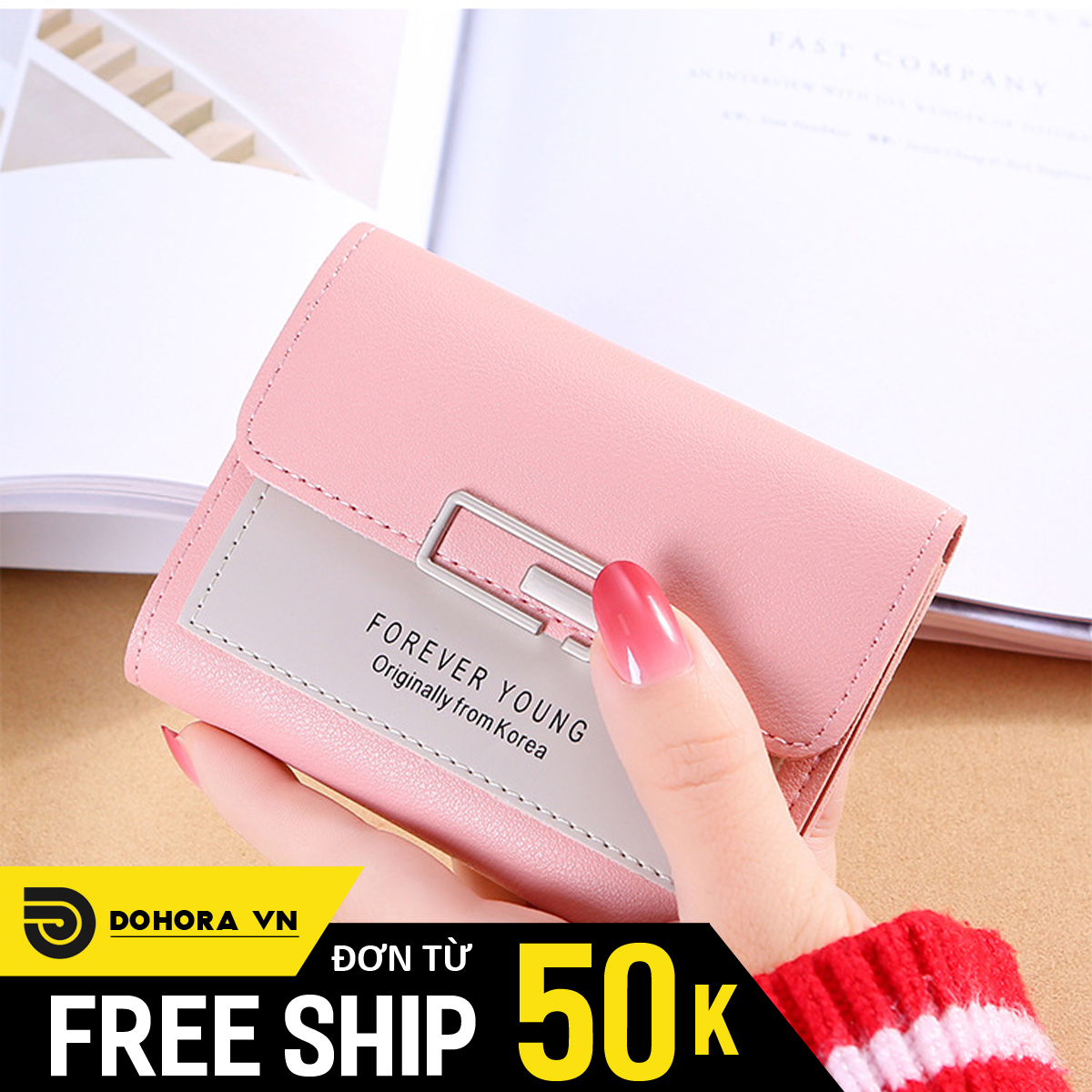 Ví Bóp Cầm Tay Nữ Forever Young, Ví Da Mini Dáng Ngắn VBN3, Chất Da PU Trơn Phối 2 Màu Sang Trọng, Khóa Hình Chữ C Cực Đẹp
