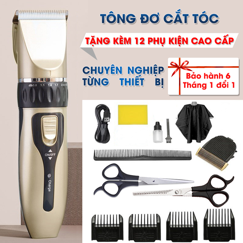 Tông đơ cắt tóc, tông đơ cắt tóc gia đình - tặng kèm 12 phụ kiện cao cấp, tông đơ cắt tóc tiện lợi