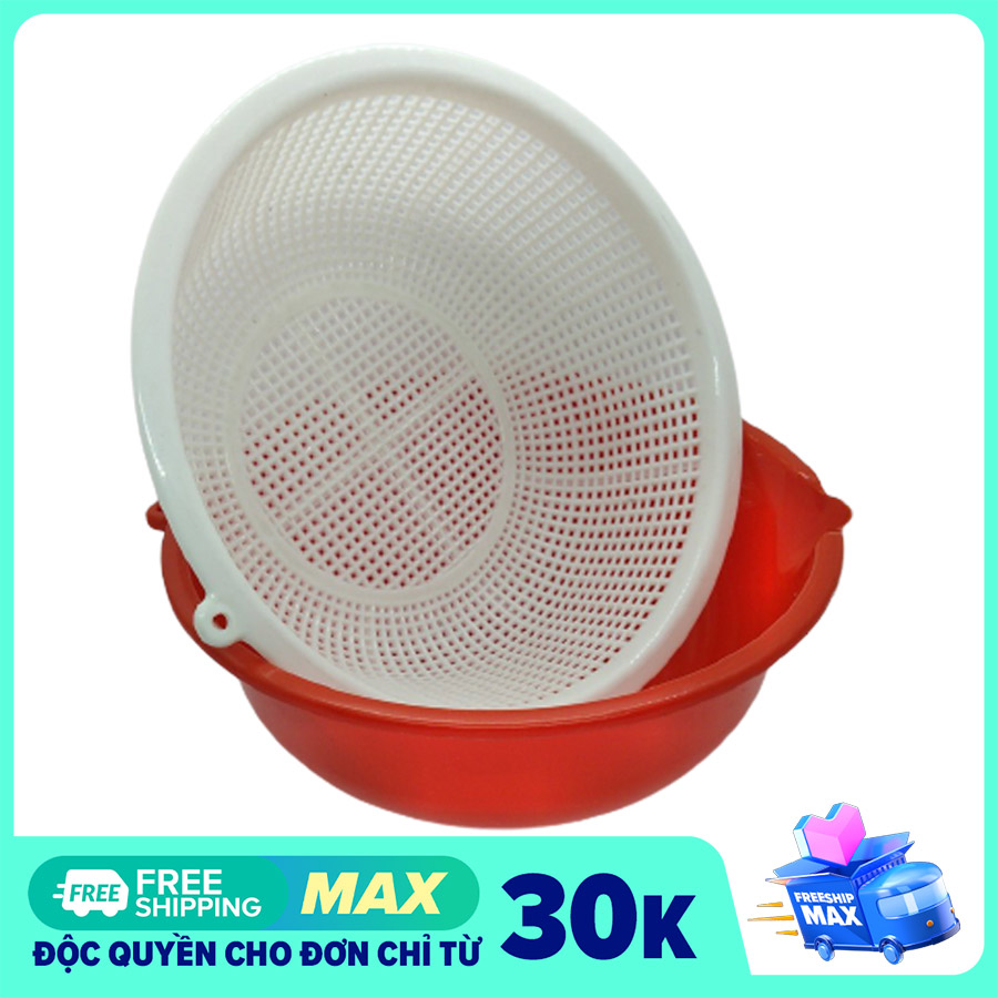 Thau rổ cặp- Bộ Thau nhựa và Rổ nhựa tròn 24cm. Rổ đựng trái cây- Thương hiệu Fataco an toàn  - Alobuyvn Alobuy