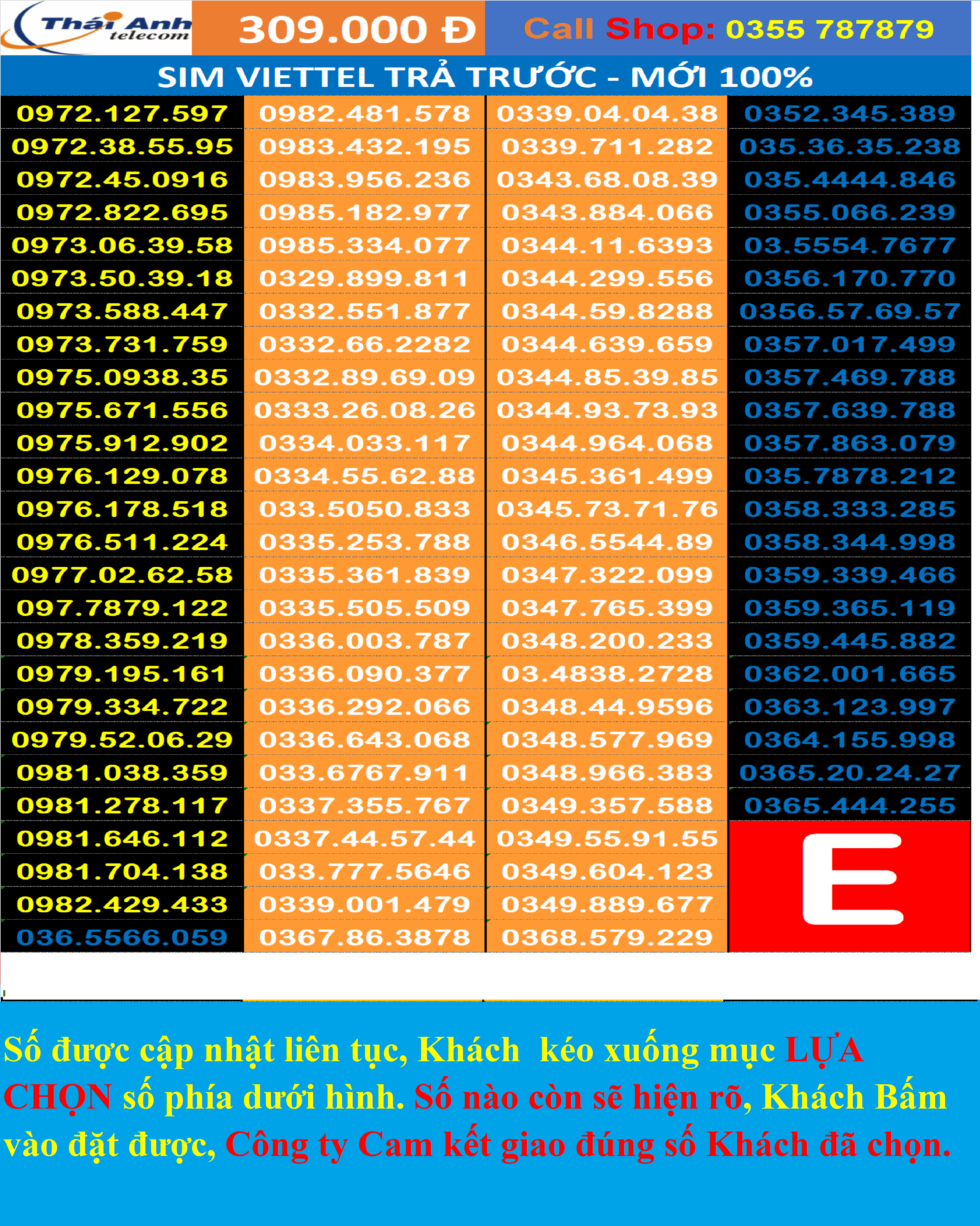 Sim Viettel dễ nhớ 10 số, SIM MỚI Chưa Kích hoạt 100% - Chọn được số, đồng giá 309.000, Gói cước Tomato, Đăng ký được nhiều gói cước hấp dẫn . SIM VIETTEL Chính hảng, sim mới 100%. LIST E-F