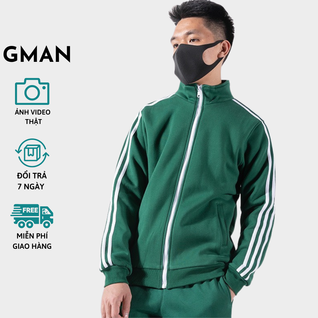 Đồ bộ thể thao thu đông Gman, Bộ quần áo khoác bomber chất nỉ cao cấp kẻ sọc có khóa kéo 4 màu (BTT3S)