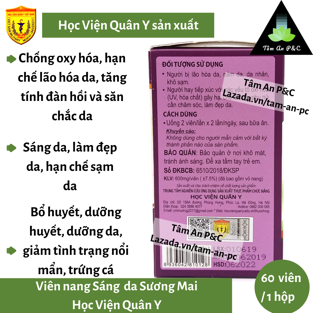(Combo 2 Hộp) Viên uống trắng sáng da Sương Mai Học viện Quân Y- Giúp trắng da, sáng da, mịn da- CHÍNH HÃNG HỌC VIỆN QUÂN Y 3