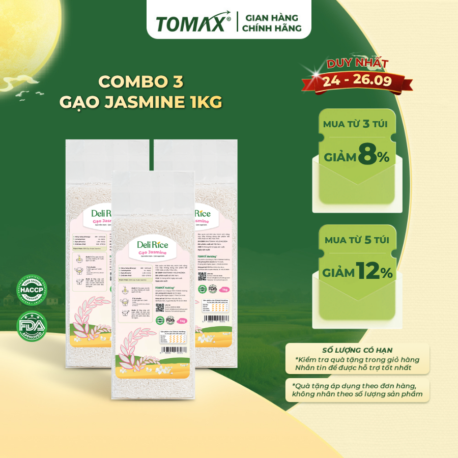 [ĐÃ VỀ HÀNG] Combo 3 túi Gạo Deli Rice Jasmine thơm dẻo mềm 1kg Tomax