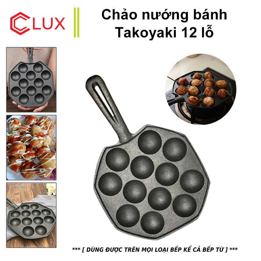 Chảo Chống Dính Làm Bánh Bạch Tuộc Takoyaki Nhật Bản Size 12 lỗ dùng được với BẾP TỪ, Gang Đúc Thủ Công Nguyên Khối SIÊU BỀN Dễ Dàng Vệ Sinh,Khuôn làm bánh, Khuôn bánh