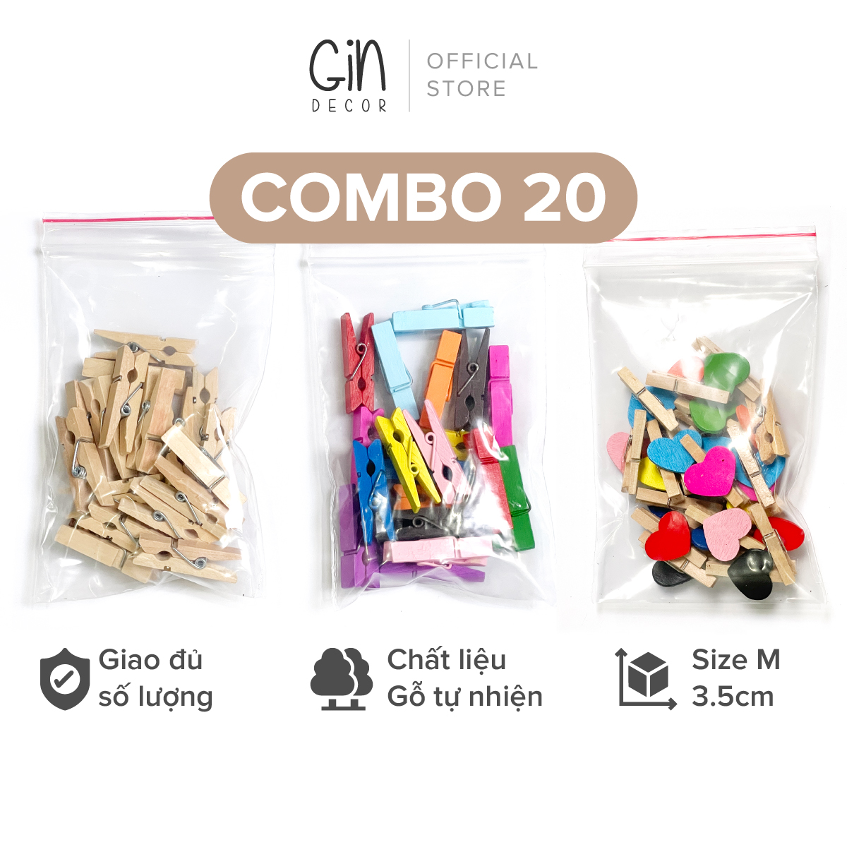 [Frεε Ship] 20 kẹp gỗ 3.5cm (Frεε 5m dây) trang trí khung tranh treo ảnh. Trang trí nhà cửa, tiệc cưới, nội thất, tường ảnh, khung ảnh