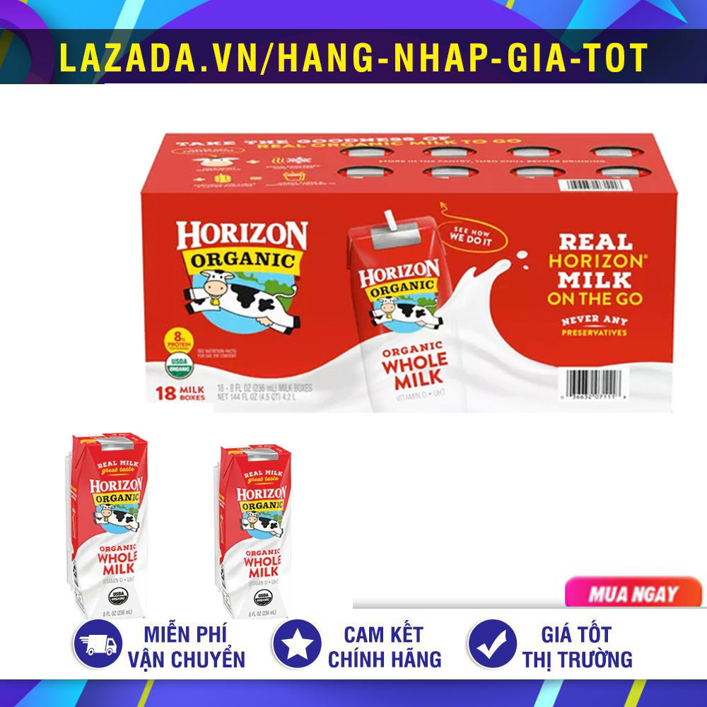 Thùng 18 hộp sữa nước horizon organic whole milk 236ml mỹ