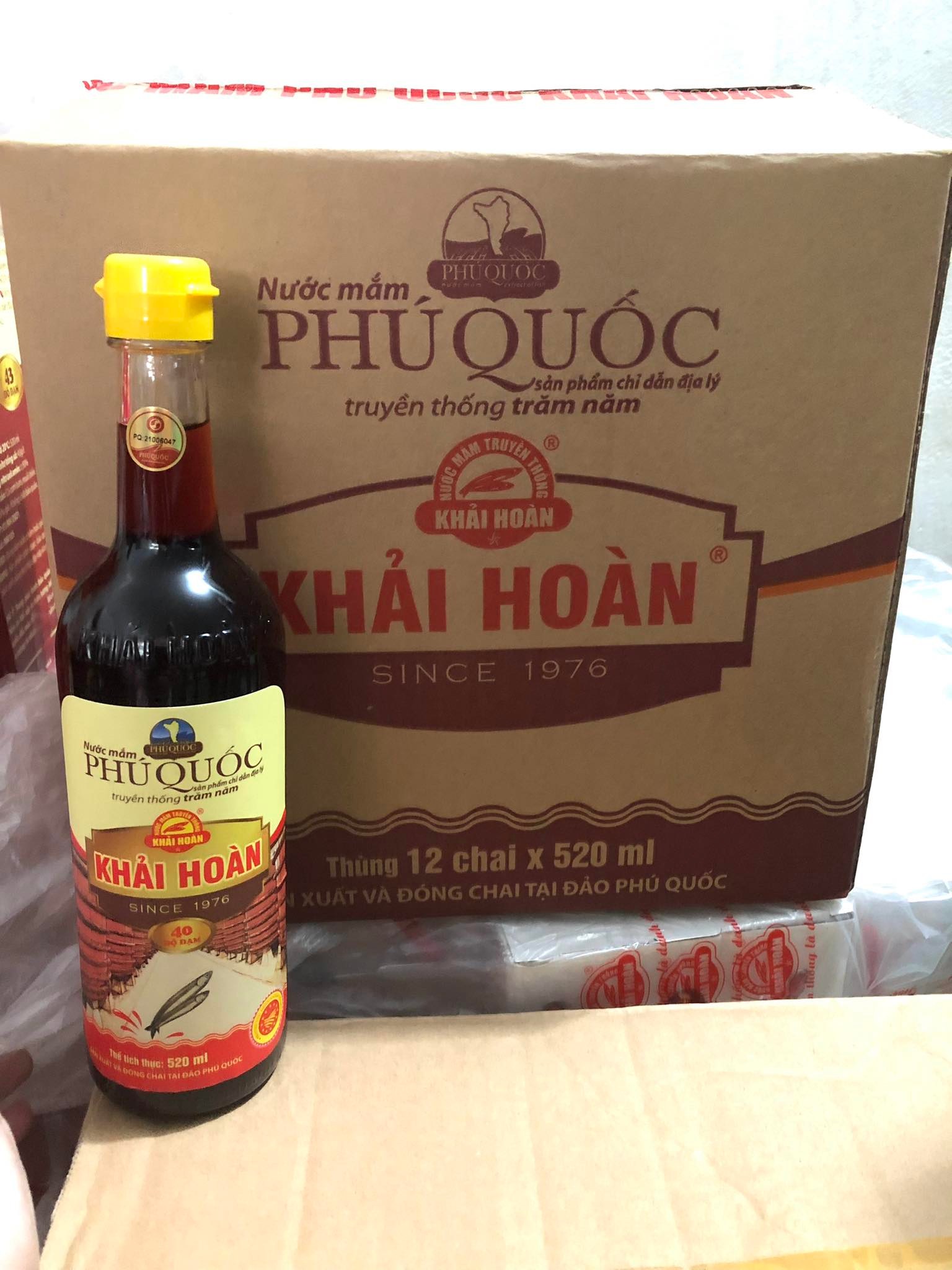 Nước mắm phú quốc khải hoàn 40 độ đạm- loại 520ml /thùng 12 chai