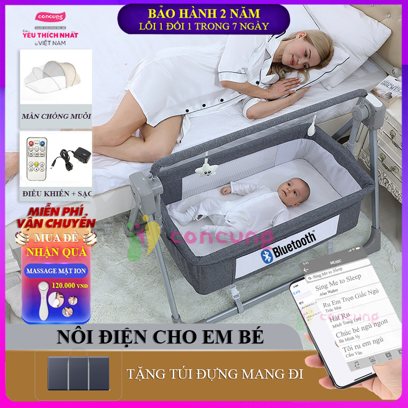 Nôi điện cho bé, nôi điện đưa tự động cao cấp có điều khiển từ xa kết nối bluetooth có thể gấp gọn Bảo hành 2 năm lỗi 1 đổi 1 trong 7 ngày