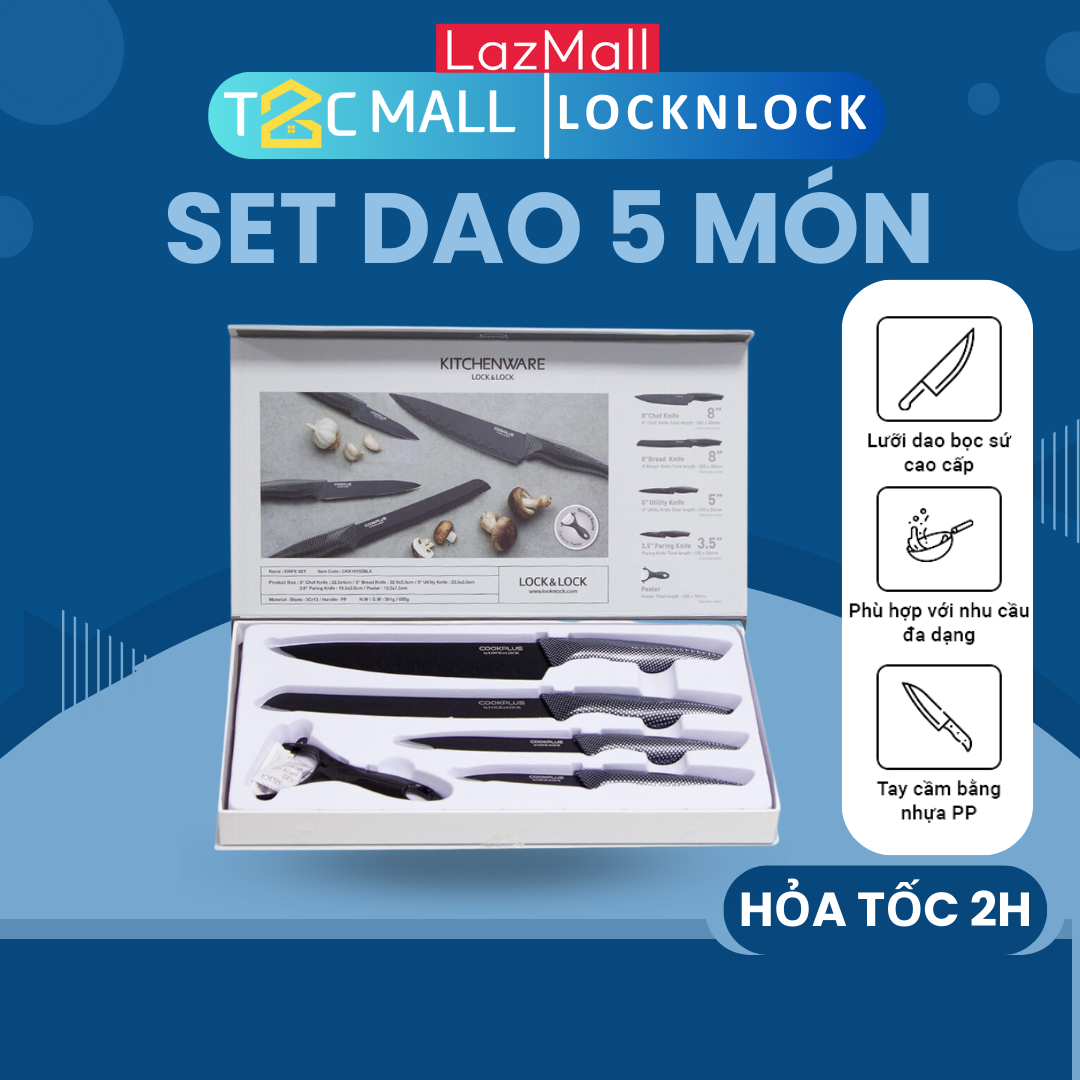Set 5 dao nhà bếp lưỡi dao bọc sứ cookplus ckk101s5blk lock&lock kèm hộp sang trọng - t2cmall