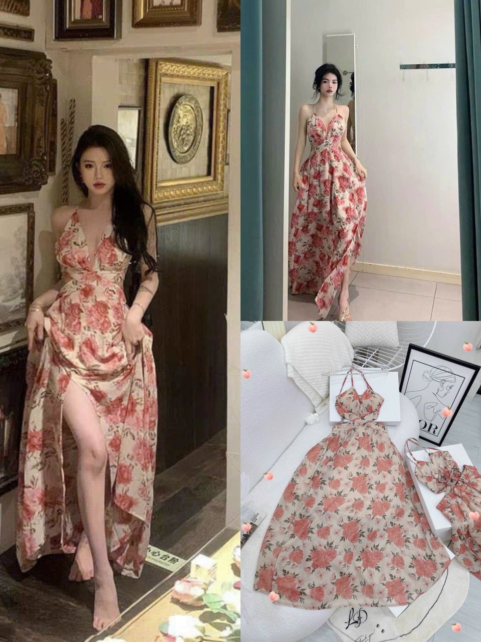 Đầm voan hoa mặc đi biển 2 dây có mút màu đỏ nhạt cột dây lưng váy thời trang nữ maxi