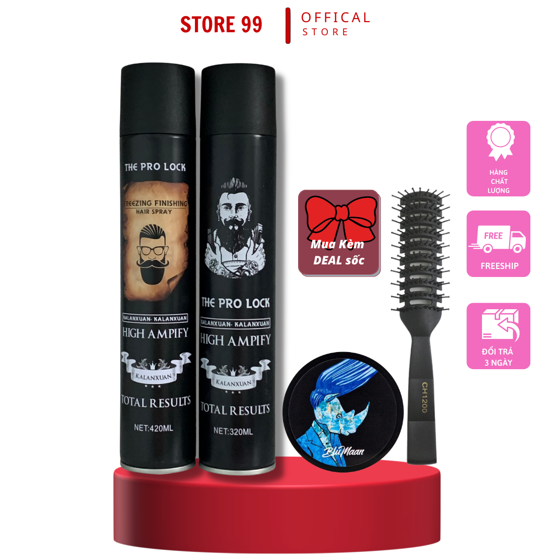 Combo gôm xịt tóc tạo kiểu tóc the pro lock kèm sáp vuốt tóc blumaan tê giác tặng lược chaba