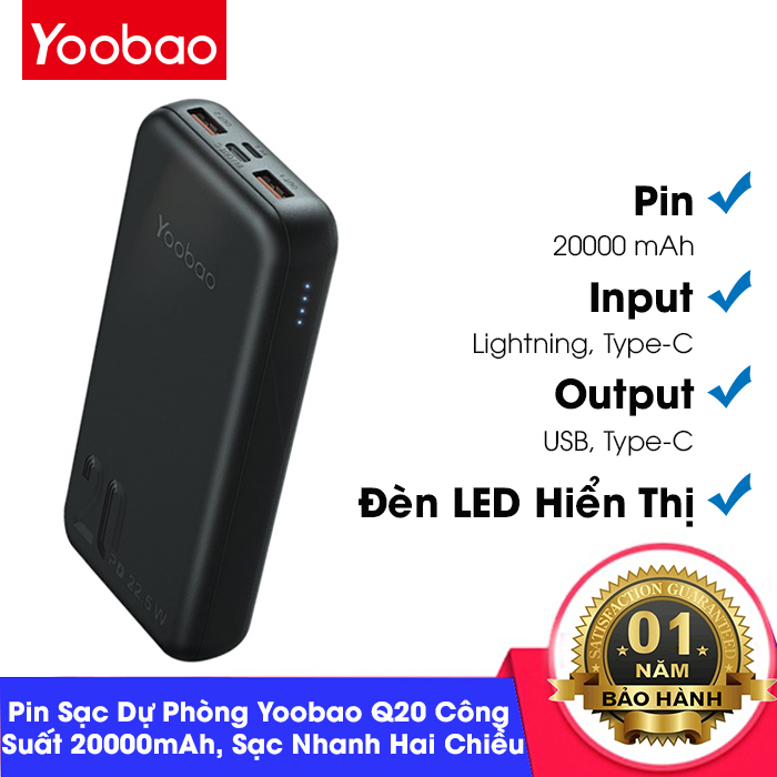 pin sạc dự phòng Yoobao Q20 công suất 20000mAh, sạc nhanh PD