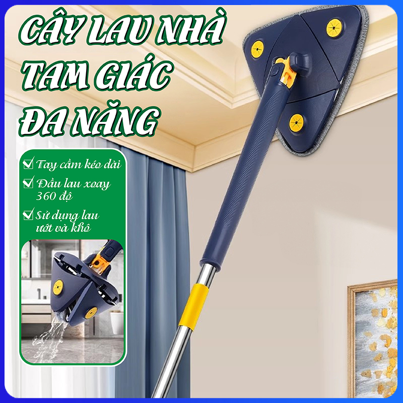 Chổi Lau Nhà  Tam Giác  Xoay 360 Độ Tự Vắt Thông Minh - Cây Chổi Lau Sàn Nhà - Trần Nhà - Lau Kính Đa Năng