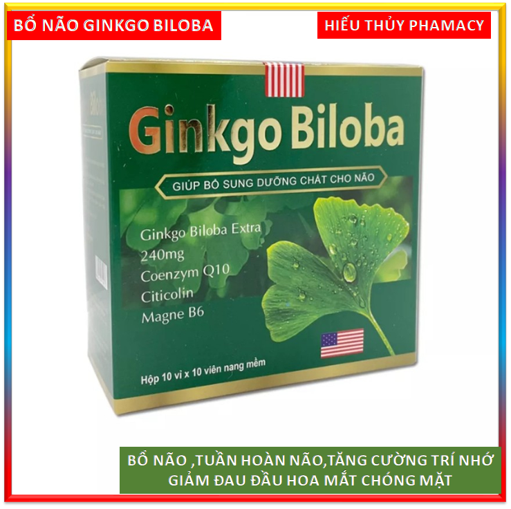 Hoạt huyết dưỡng não Ginkgo Biloba 240mg - Giúp tăng tuần hoàn máu ,giảm đau đầu hoa mắt chóng mặt.HỘP 100 VIÊN -hộp xanh lá