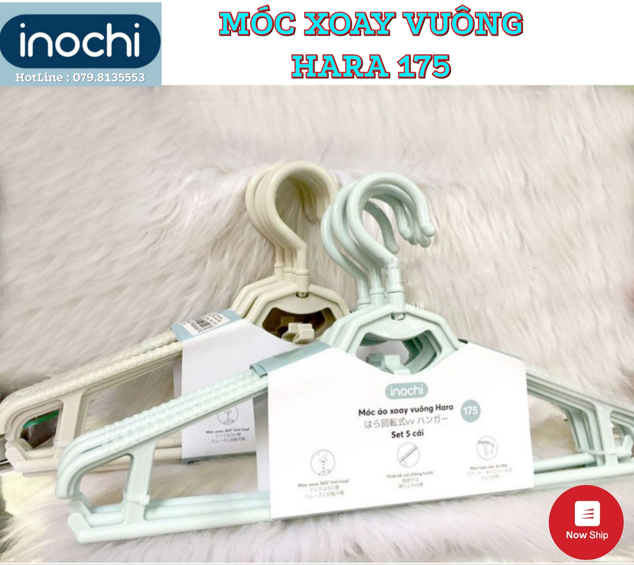 Set 5 Móc áo xoay vuông Hara 175 inochi Mắc áo nhựa cao cấp Mắc áo Nhật ,Móc áo vest cavat ,móc đầm