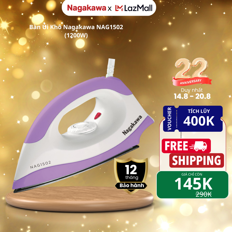 Bàn ủi Nagakawa NAG1502 màu tím, NAG1505 màu xanh, mặt đế teflon chống dính, hệ thống cảm biến ngắt điện ăn toàn, bảo hành 12 tháng