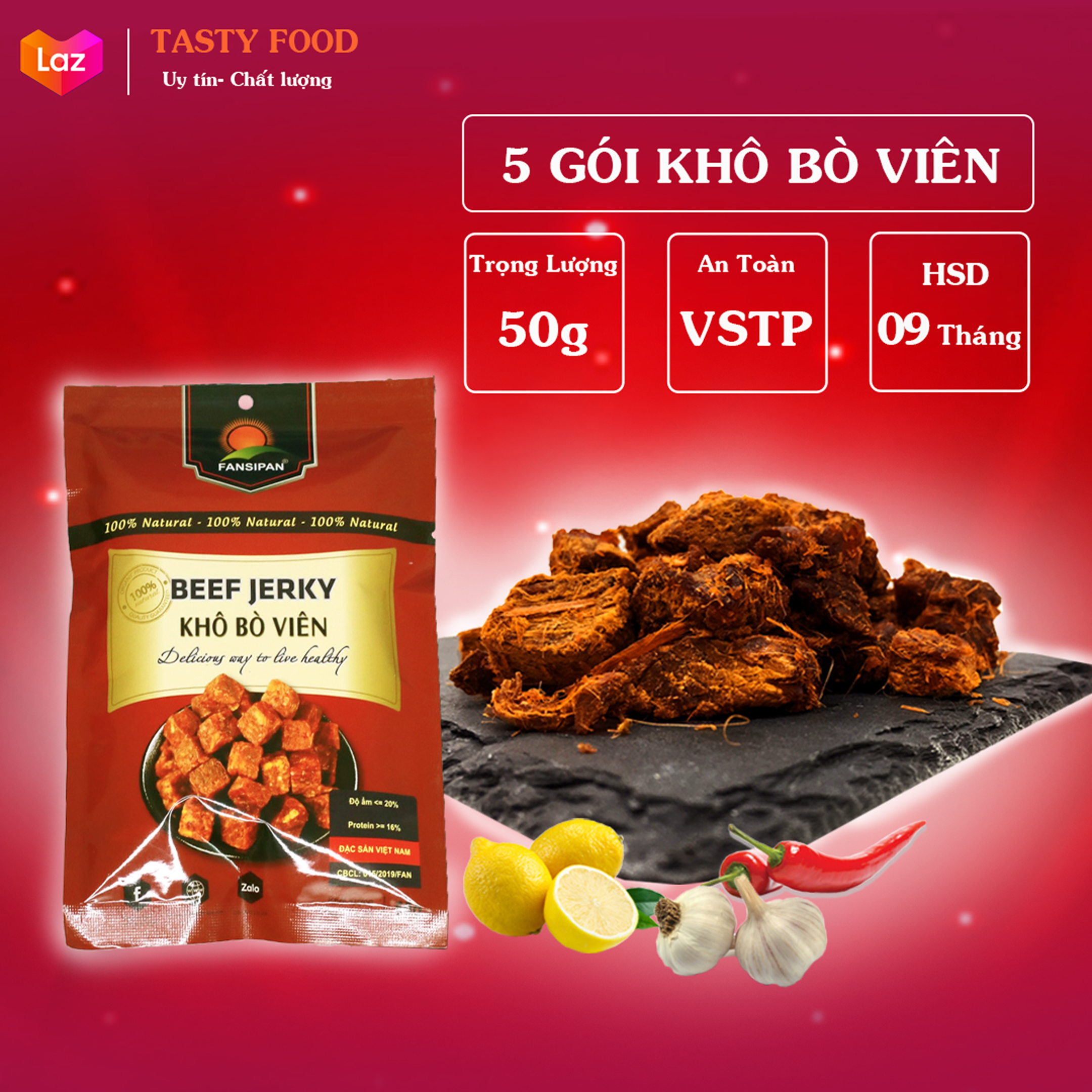 Combo 5 gói khô bò viên thượng hạng gói 50g, bò khô dạng viên loại 1 thơm ngon, khô bò cay dạng viên an toàn giòn ngon đậm vị,đồ ăn vặt Tasty Food