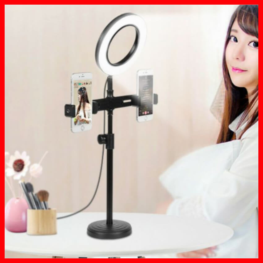 Giá Đỡ 2 Điện Thoại Livestream Quay Video Có Đèn Led Đường Kính16cm, Giá đỡ 2 điện thoại để bàn quay video TikTok Live Stream chuyên nghiệp, để bàn trang điểm selfie, Gậy cây livestream