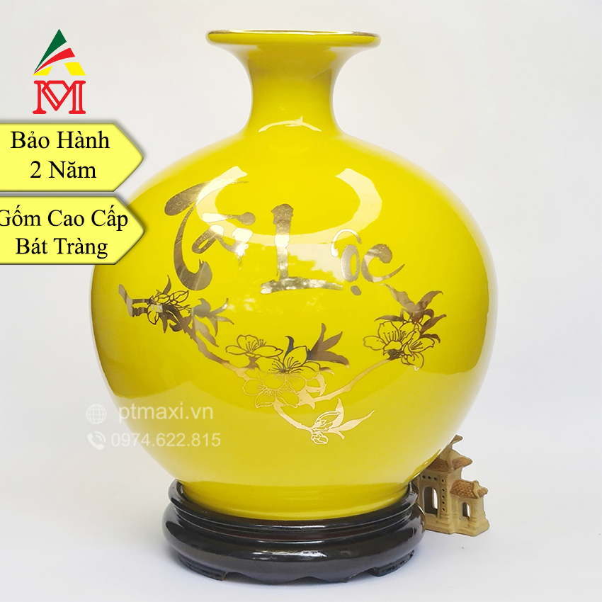 Bình hút lộc gốm sứ bát tràng vàng vẽ vàng - tài lộc - công đào. kèm cốt hút lộc