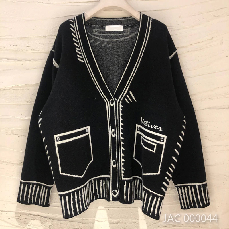 Cardigan đen In viền trắng