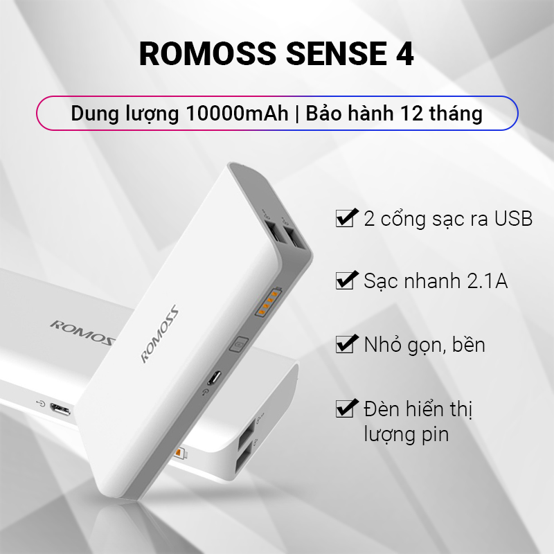 Pin sạc dự phòng 10000mAh Romoss Sense 4 hỗ trợ sạc nhanh tốc độ 2.1A 2 cổng sạc ra USB 1 cổng sạc vào Micro kích thước nhỏ gọn dễ mang đi trọng lượng nhẹ - Bảo hành 12 tháng