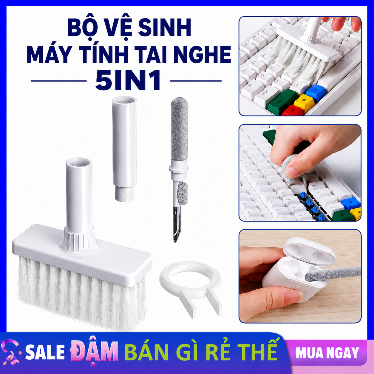 Bộ Vệ Sinh Bàn Phím 5in1 - Bộ Dụng Cụ Vệ Sinh Bàn Phím Tai Nghe Bluetooth Kèm Kẹp Gắp Keycap Đa Năng 5 Trong 1 - Chổi Quét Bàn Phím