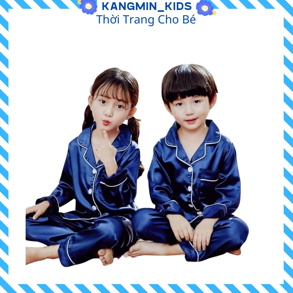 Bộ pijama dài tay bé trai bé gái KANGMIN KIDS, đồ ngủ pizama cho bé trai gái PM16 chất lụa trơn dài cho bé từ 6kg-28kg