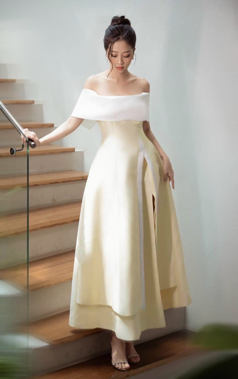 Đầm midi dự tiệc tripble t dress bẹt vai xẻ đùi phối màu - size s/m/l - ms277y