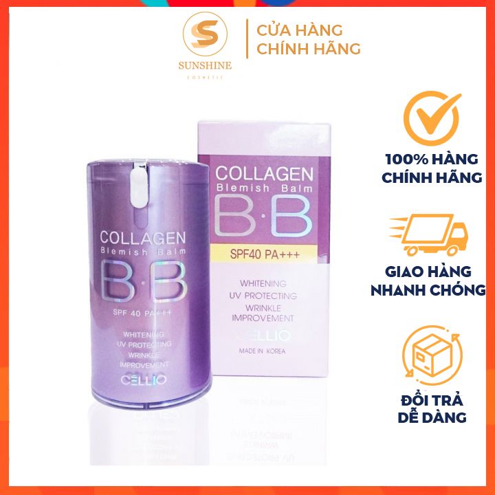 Kem Nền BB Collagen Cellio ⚡⚡ Tím Hàn Quốc Cream Collagen Blemish Balm BB Spf 40 Pa+++ Tone sáng, giúp da trắng sáng, chống nhăn, chống lão hóa