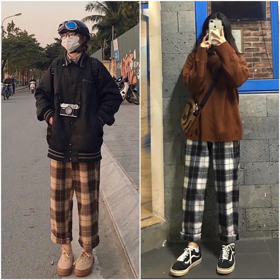 Quần dài CARO PLAID PANTS Nam Nữ Đen kiểu UNISEX FORM ống suông SW012