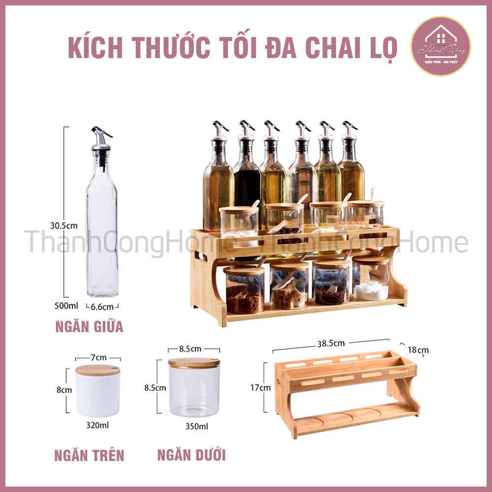 Giá chai lọ 2 tầng, kệ gỗ đựng hũ gia vị, giá để gia vị, chai dầu ăn, cao su sơn pu cực đẹp