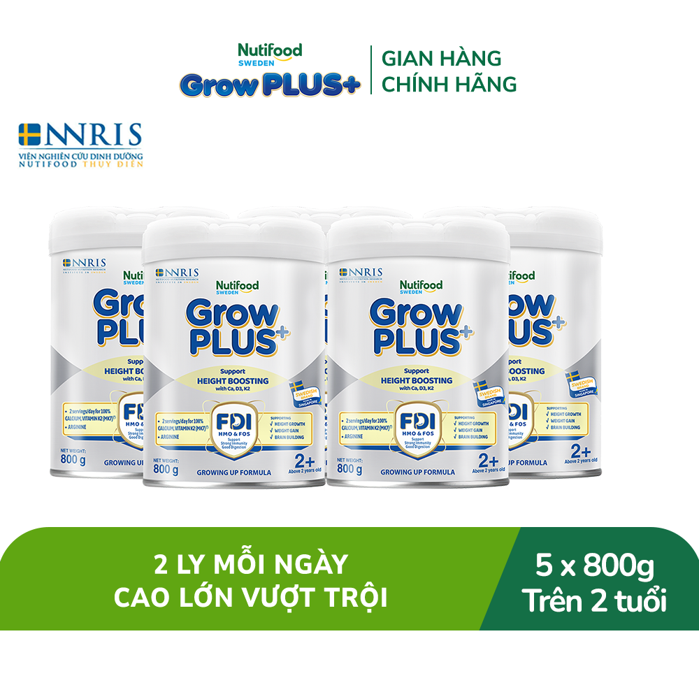 Combo 5 Sữa Bột Nutifood Sweden GrowPLUS+ Cao lớn vượt trội - Hỗ trợ phát triển chiều cao trên 2 tuổi (Bạc) 800g