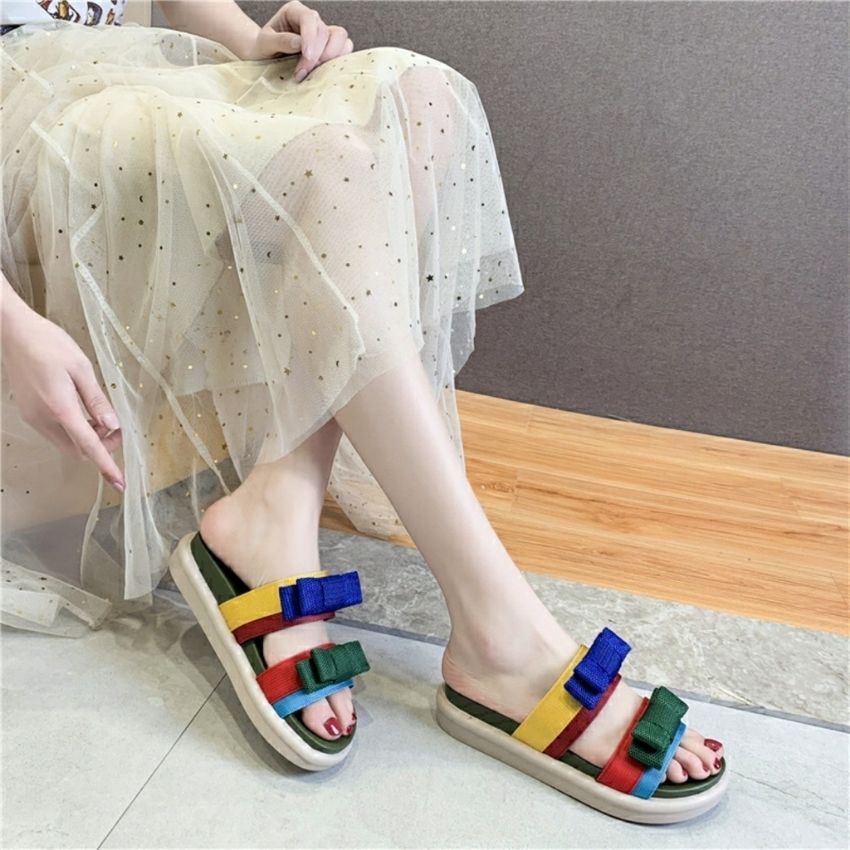 dép nữ quai ngang đính nơ xinh phối màu ngũ sắc cực xinh cho các bạn nữ trẻ , mẫu hot nhất hiện nay chỉ có tại BITBABO