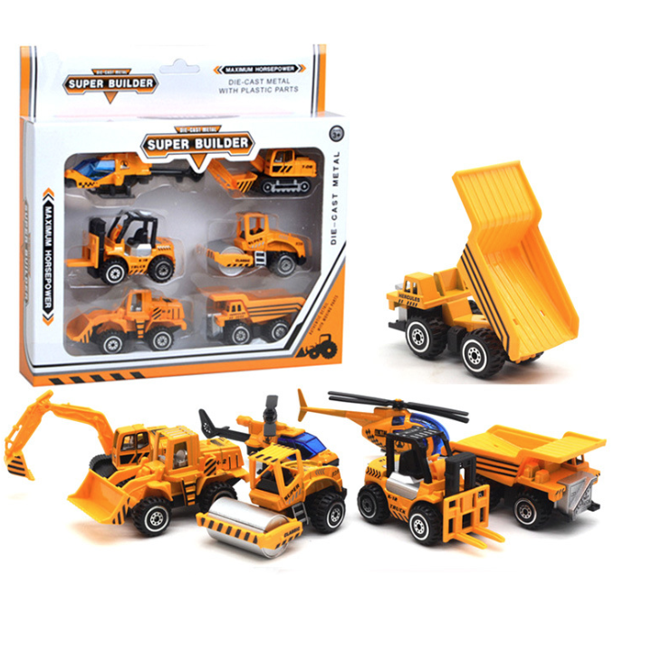 Bộ xe công trình mini gồm 6 xe các loại xe nâng xe lu xe cẩu xúc xe tải trực thăng tỉ lệ 1:64