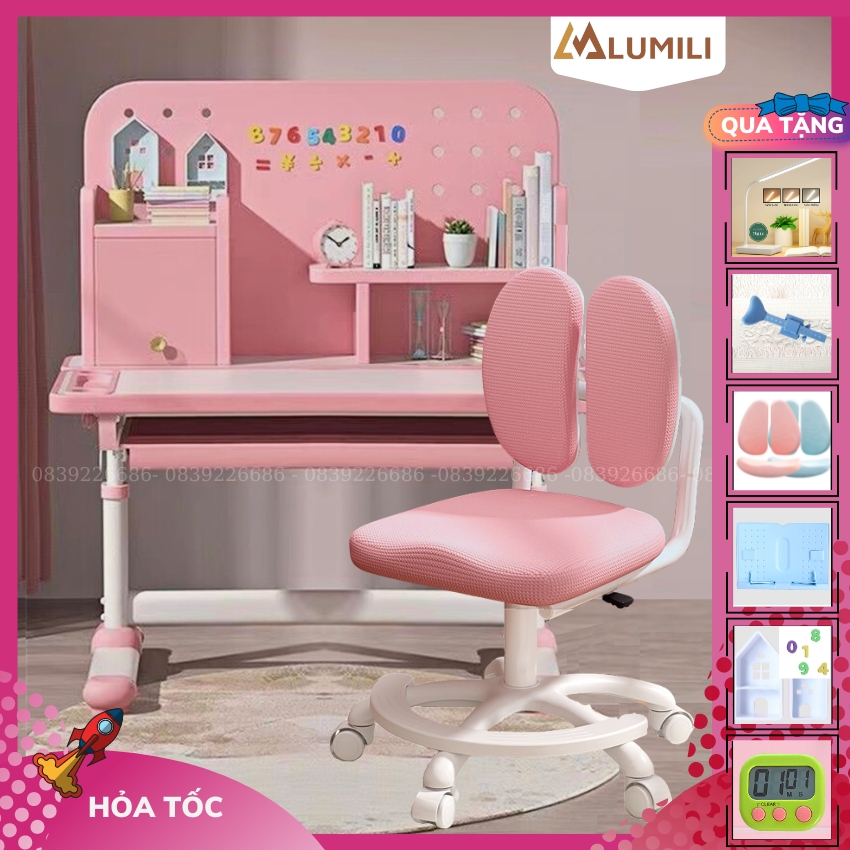 Bộ bàn ghế Lumili R161 chống gù chống cận thông minh cho trẻ bàn có giá sách nâng hạ độ cao điều chỉnh nghiêng mặt bàn ghế công thái học thiết kế 2 lưng ôm sát lưng trẻ